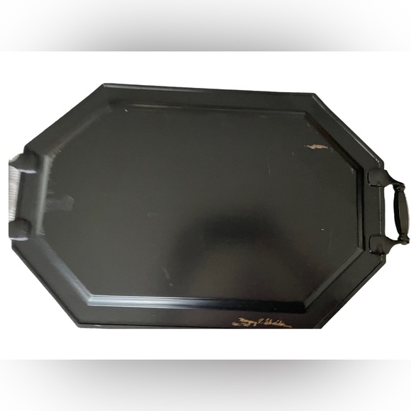 Handpainted Black, Gold, & Red Metal Toleware Floral Tray w/ Handles, ~21" x 12" - Picture 6 of 6